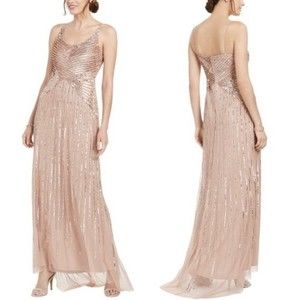 Adrianna Papell Dress Blush Sequin Beaded Tank Dress Long Formal Size 10